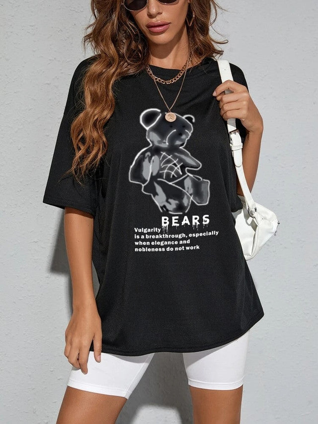 Fifth Avenue DIFT460 Boyfriend Oversized Fit Bear Printed Womens T-Shirt - Black