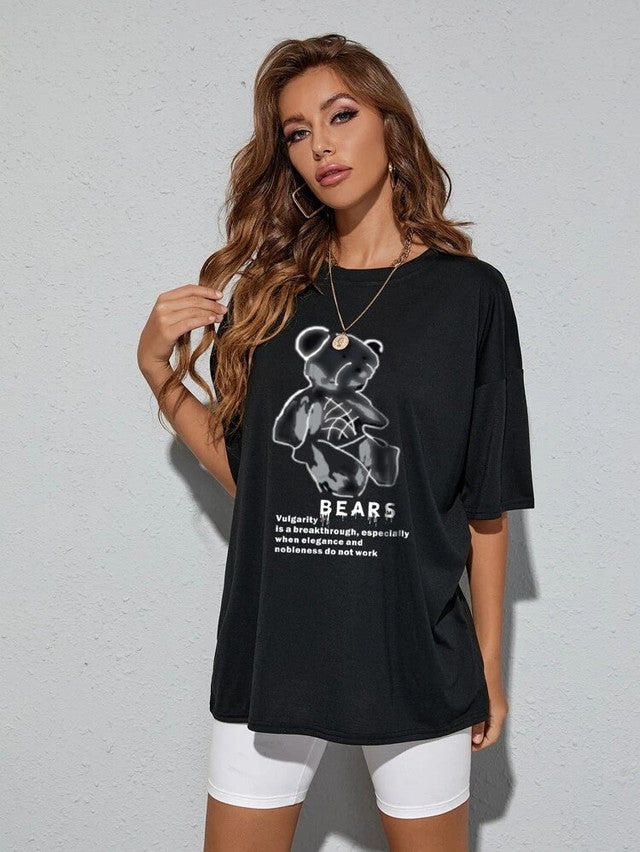 Fifth Avenue DIFT460 Boyfriend Oversized Fit Bear Printed Womens T-Shirt - Black