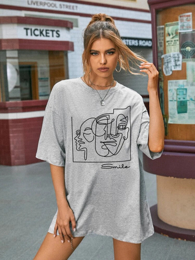 Fifth Avenue DIFT453 Boyfriend Oversized Fit Smile Figure Printed Womens T-Shirt - Grey