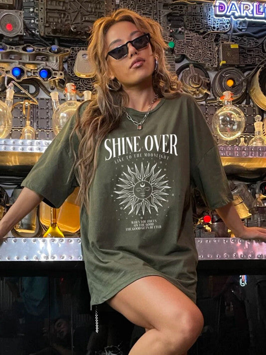 Fifth Avenue DIFT480 Boyfriend Oversized Fit Shine Printed Womens T-Shirt - Army Green