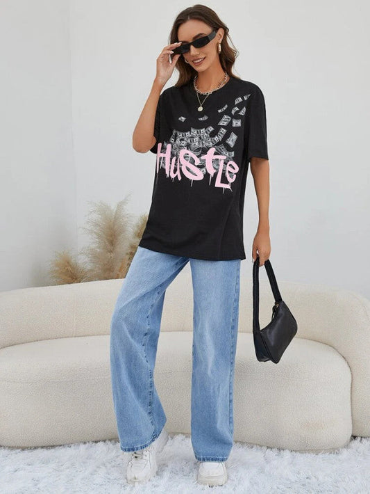 Fifth Avenue DIFT466 Boyfriend Oversized Fit Hustle Cash Printed Womens T-Shirt Black