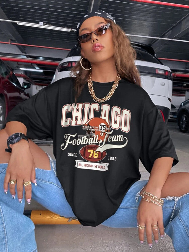 Fifth Avenue DIFT469 Boyfriend Oversized Fit Chicago Printed Womens T-Shirt -Black