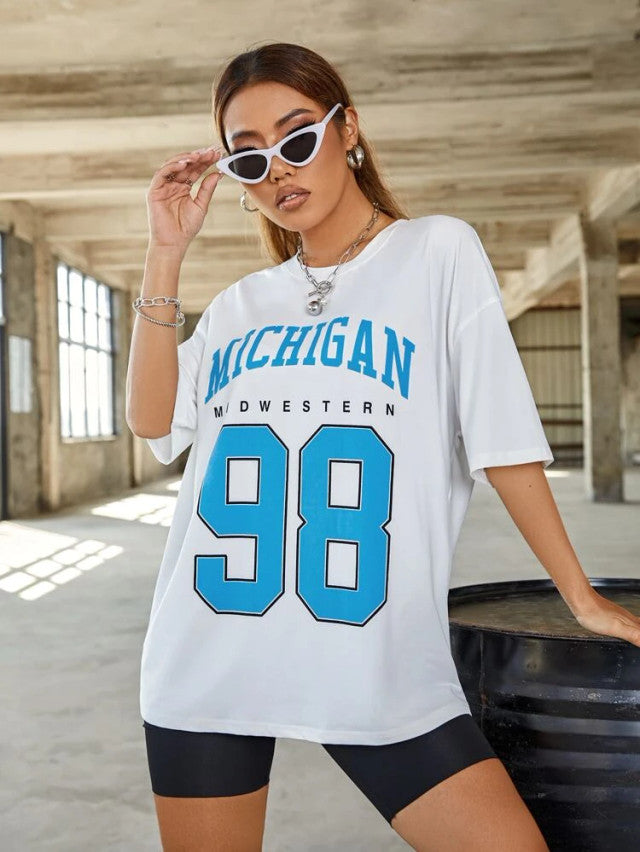 Fifth Avenue DIFT452 Boyfriend Oversized Fit Michigan Printed Womens T-Shirt - White