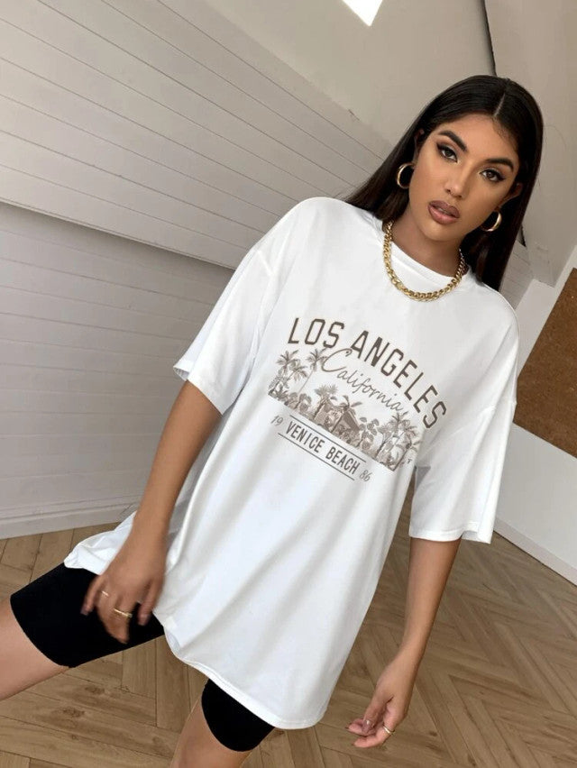 Fifth Avenue DIFT477 Boyfriend Oversized Fit Los Angeles Printed Womens T-Shirt - White