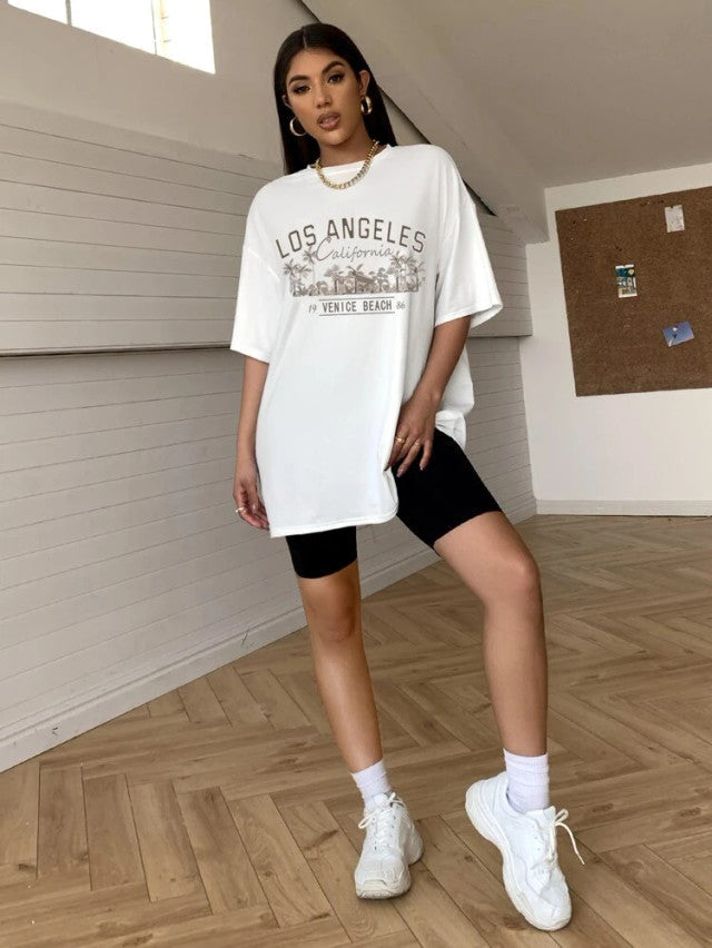 Fifth Avenue DIFT477 Boyfriend Oversized Fit Los Angeles Printed Womens T-Shirt - White