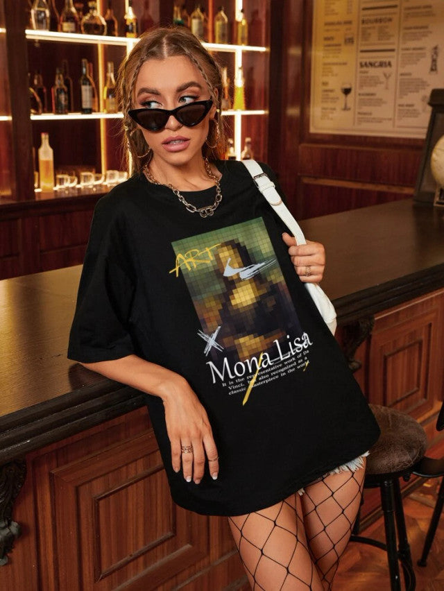 Fifth Avenue DIFT485 Boyfriend Oversized Fit Mona Lisa Printed Womens T-Shirt Black