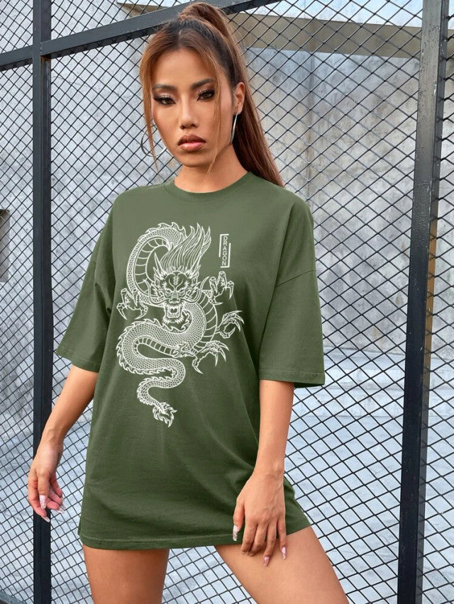 Fifth Avenue DIFT488 Boyfriend Oversized Fit Dragon Printed Womens T-Shirt -Army Green