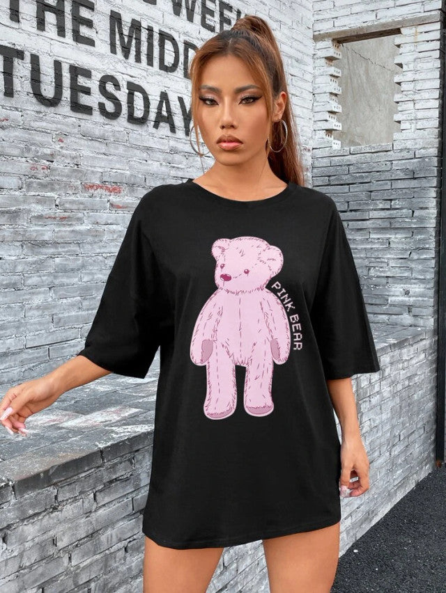 Fifth Avenue DIFT482 Boyfriend Oversized Fit Pink Bear Printed Womens T-Shirt Black