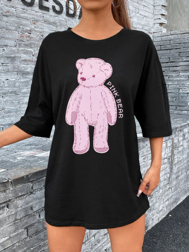 Fifth Avenue DIFT482 Boyfriend Oversized Fit Pink Bear Printed Womens T-Shirt Black