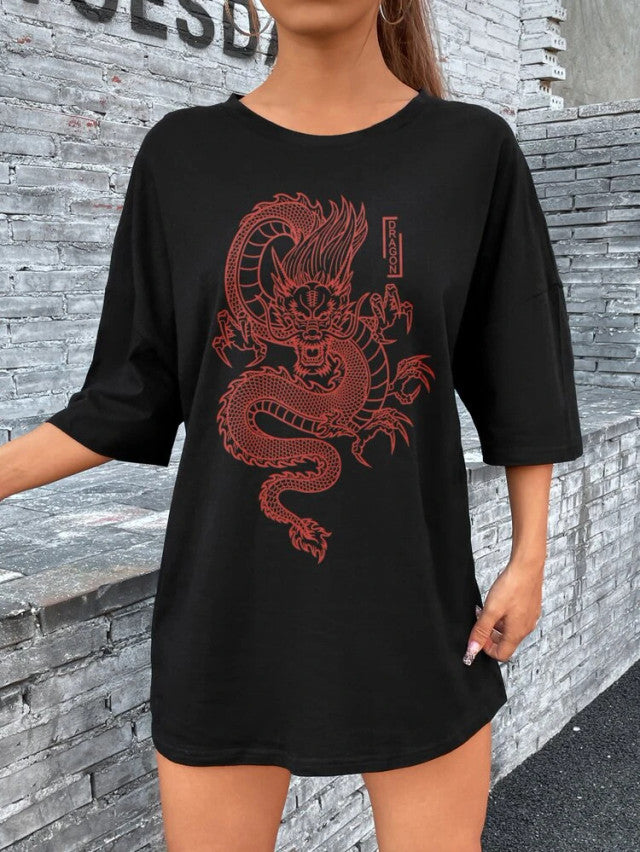 Fifth Avenue DIFT488 Boyfriend Oversized Fit Dragon Printed Womens T-Shirt -Black