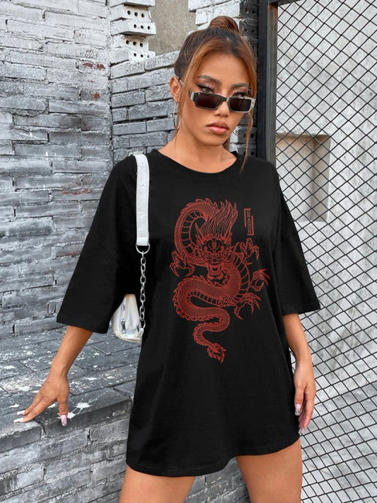 Fifth Avenue DIFT488 Boyfriend Oversized Fit Dragon Printed Womens T-Shirt -Black