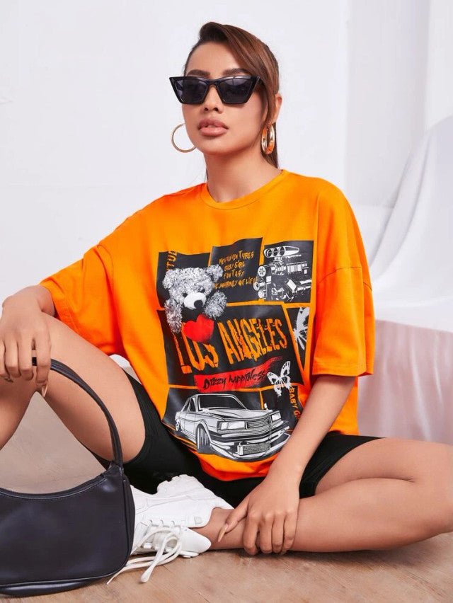 Fifth Avenue DIFT529 Boyfriend Oversized Fit News Printed Womens T-Shirt Orange