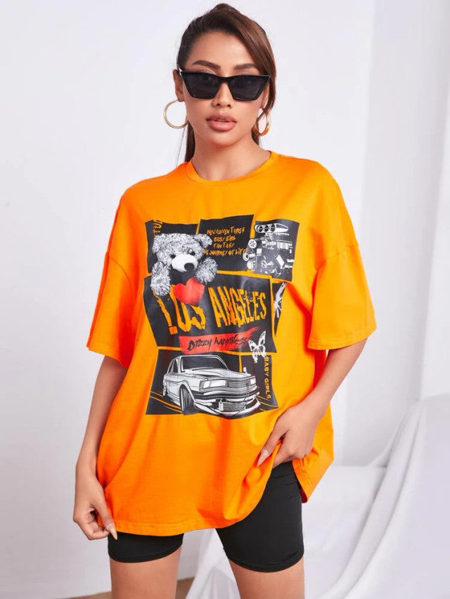 Fifth Avenue DIFT529 Boyfriend Oversized Fit News Printed Womens T-Shirt Orange