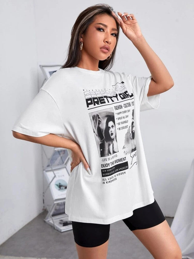 Fifth Avenue DIFT501 Boyfriend Oversized Fit Vector Printed Womens T-Shirt - White