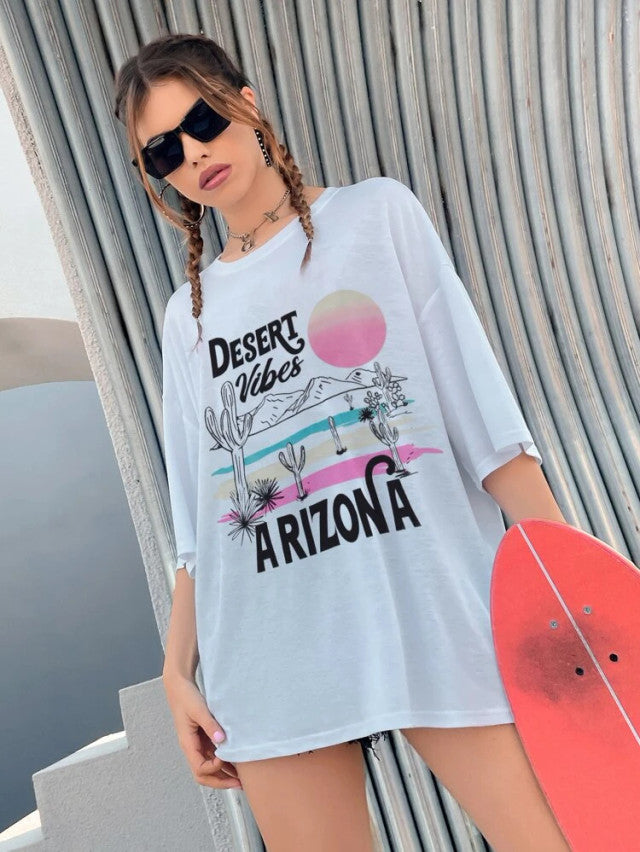 Fifth Avenue DIFT462 Boyfriend Oversized Fit  Arizona Printed Womens T-Shirt -White