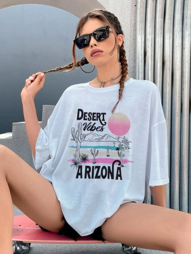 Fifth Avenue DIFT462 Boyfriend Oversized Fit  Arizona Printed Womens T-Shirt -White