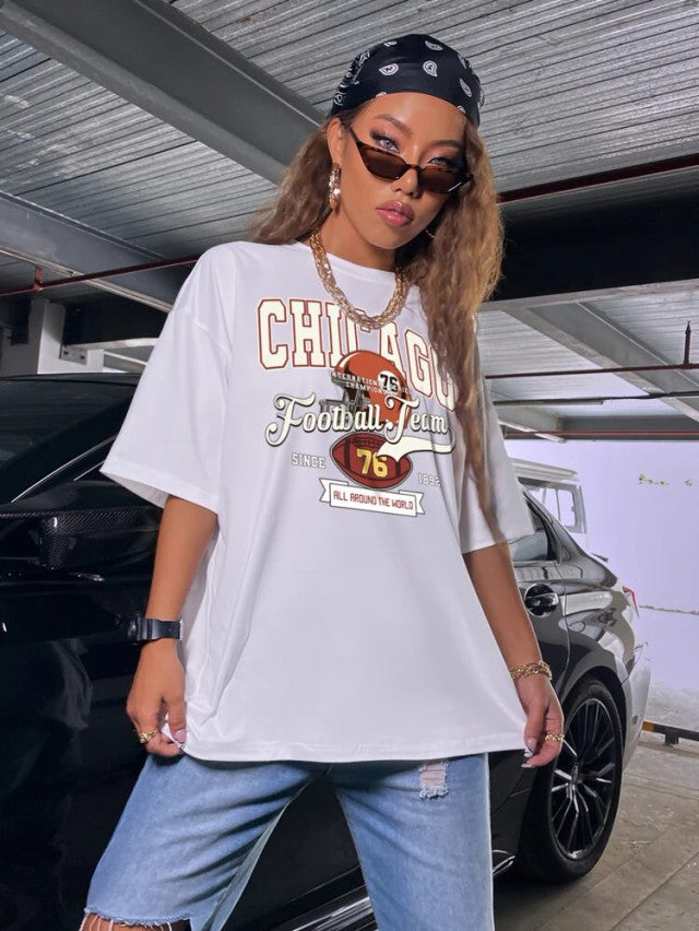 Fifth Avenue DIFT469 Boyfriend Oversized Fit Chicago Printed Womens T-Shirt - White