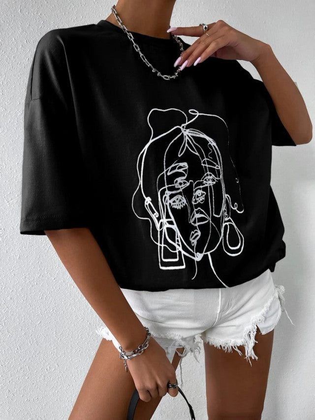 Fifth Avenue DIFT514 Boyfriend Oversized Fit Figure Printed Womens T-Shirt - Black