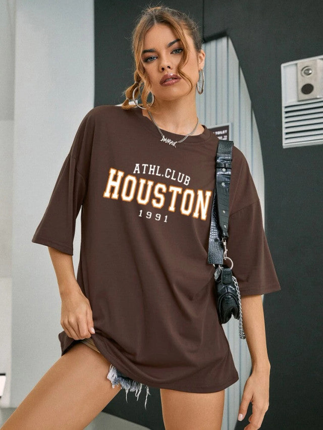 Fifth Avenue DIFT515 Boyfriend Oversized Fit Houston Printed Womens T-Shirt Brown