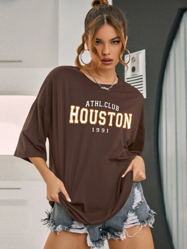 Fifth Avenue DIFT515 Boyfriend Oversized Fit Houston Printed Womens T-Shirt Brown