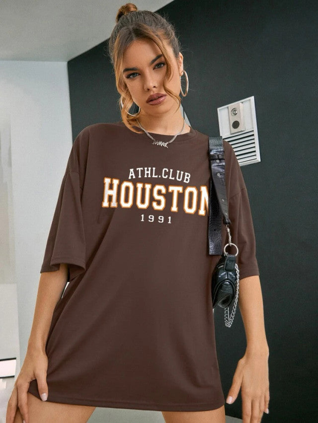 Fifth Avenue DIFT515 Boyfriend Oversized Fit Houston Printed Womens T-Shirt Brown