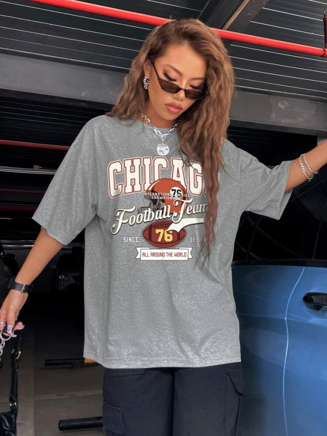 Fifth Avenue DIFT469 Boyfriend Oversized Fit Chicago Printed Womens T-Shirt - Grey