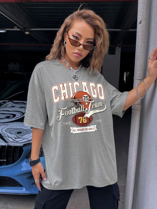 Fifth Avenue DIFT469 Boyfriend Oversized Fit Chicago Printed Womens T-Shirt - Grey (Copy)