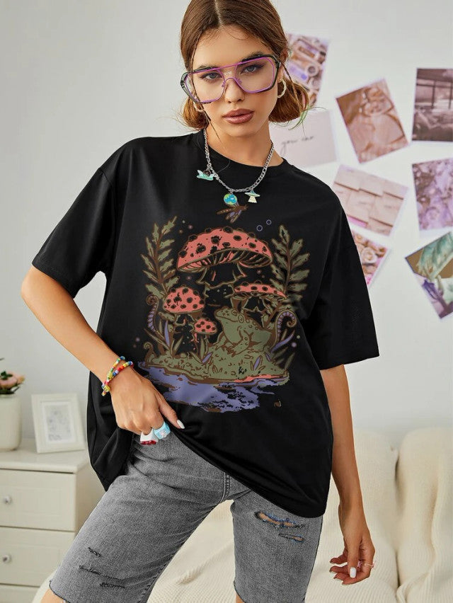 Fifth Avenue DIFT545 Boyfriend Oversized Fit Mushroom Printed Womens T-Shirt Black