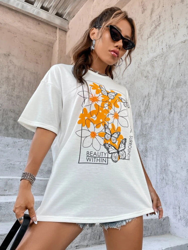 Fifth Avenue DIFT516 Boyfriend Oversized Fit Floral Printed Womens T-Shirt White