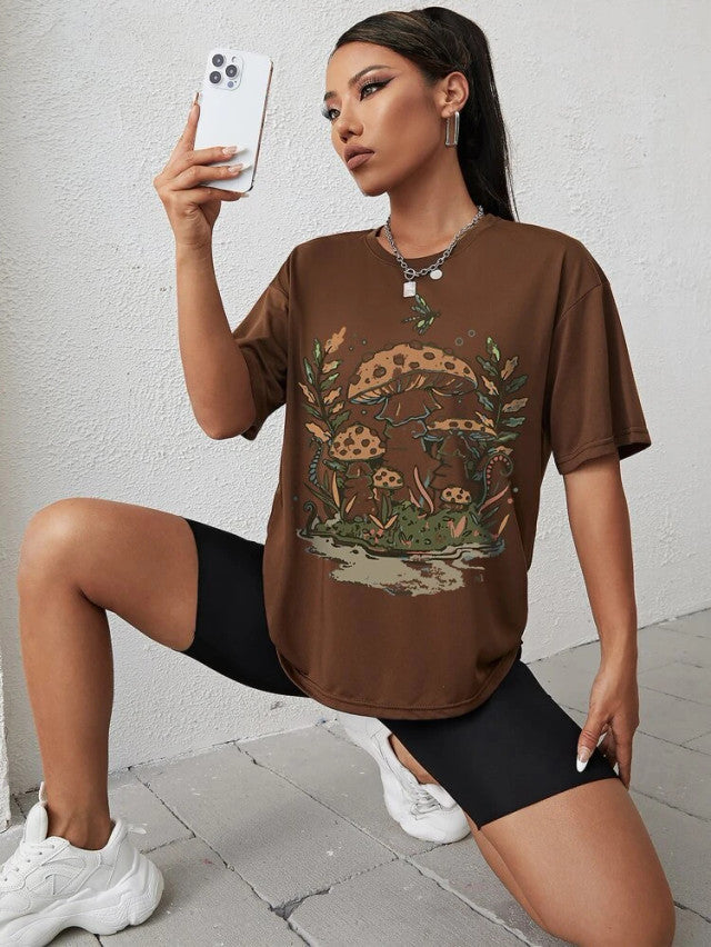 Fifth Avenue DIFT545 Boyfriend Oversized Fit Mushroom Printed Womens T-Shirt Brown