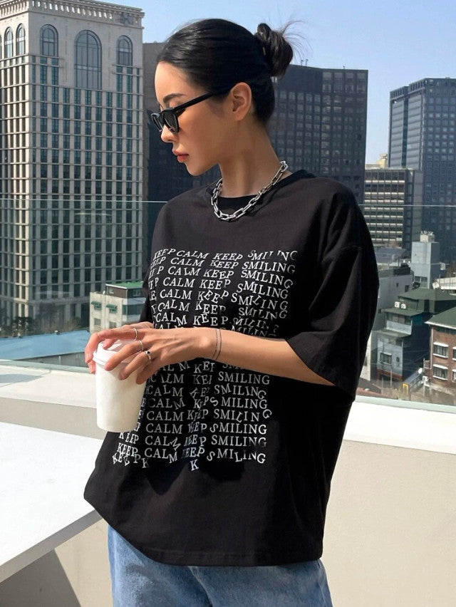 Fifth Avenue DIFT490 Boyfriend Oversized Fit Keep Calm Smiling Printed Womens T-Shirt -Black