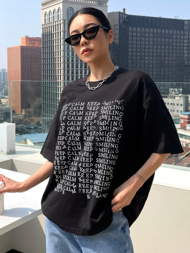 Fifth Avenue DIFT490 Boyfriend Oversized Fit Keep Calm Smiling Printed Womens T-Shirt -Black