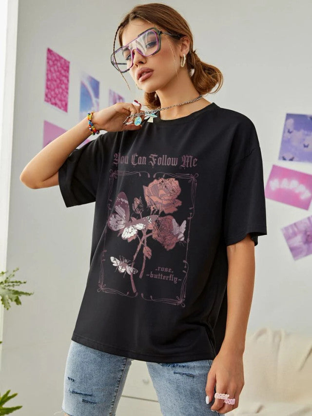 Fifth Avenue DIFT546 Boyfriend Oversized Fit Floral Printed Womens T-Shirt - Black