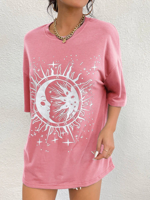 Fifth Avenue DIFT554 Boyfriend Oversized Fit Sun Printed Womens T-Shirt - Pink