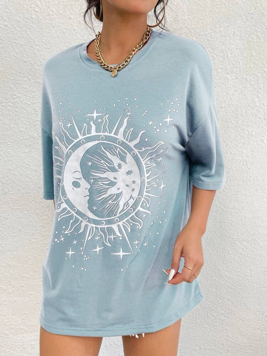 Fifth Avenue DIFT554 Boyfriend Oversized Fit Sun Printed Womens T-Shirt - Blue