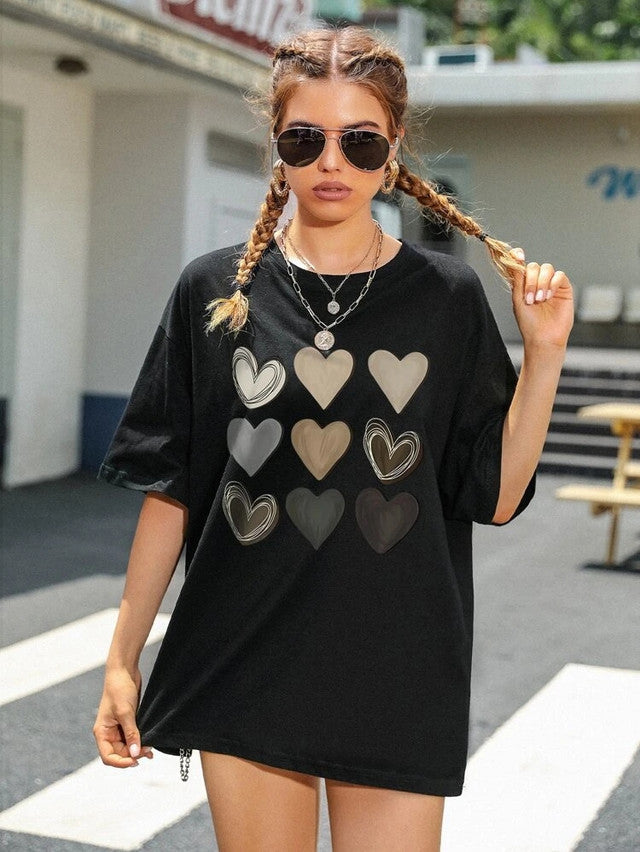 Fifth Avenue DIFT568 Boyfriend Oversized Fit Heart Printed Womens T-Shirt Black