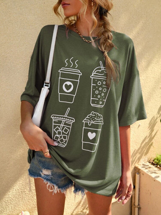 Fifth Avenue DIFT550 Boyfriend Oversized Fit Coffee Printed Womens T-Shirt -ArmyGreen