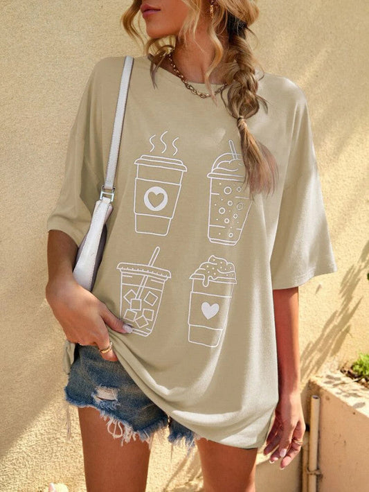 Fifth Avenue DIFT550 Boyfriend Oversized Fit Coffee Printed Womens T-Shirt - Cream