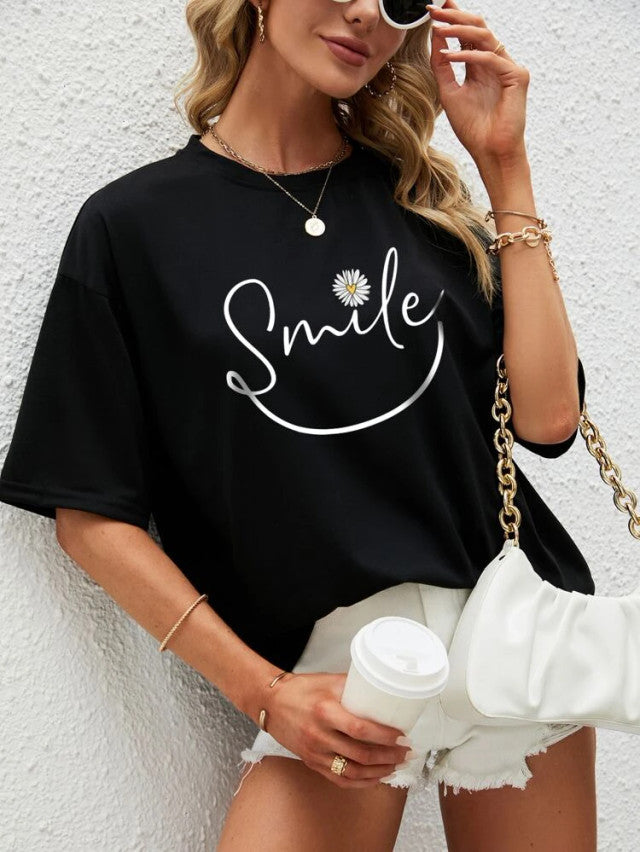 Fifth Avenue DIFT571 Boyfriend Oversized Fit Smile Printed Womens T-Shirt Black