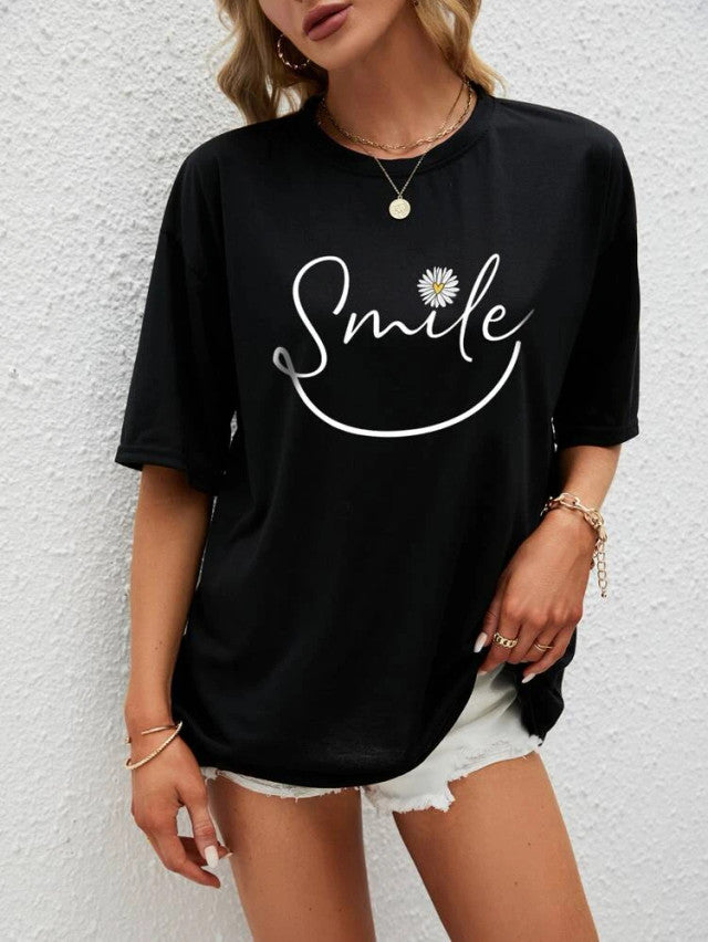 Fifth Avenue DIFT571 Boyfriend Oversized Fit Smile Printed Womens T-Shirt Black