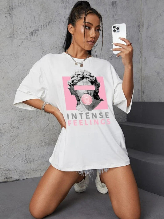 Fifth Avenue DIFT569 Boyfriend Oversized Fit Intense Feelings Printed Womens T-Shirt White