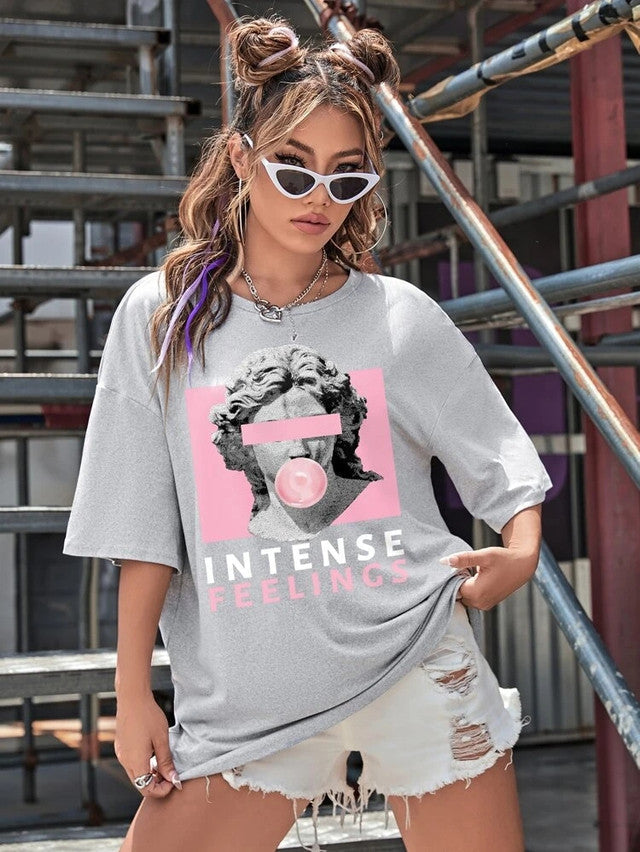 Fifth Avenue DIFT569 Boyfriend Oversized Fit Intense Feelings Printed Womens T-Shirt Grey