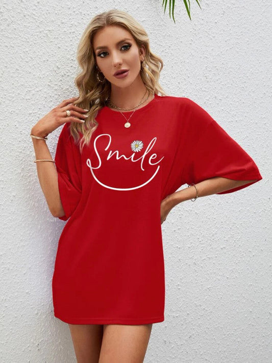 Fifth Avenue DIFT571 Boyfriend Oversized Fit Smile Printed Womens T-Shirt Red