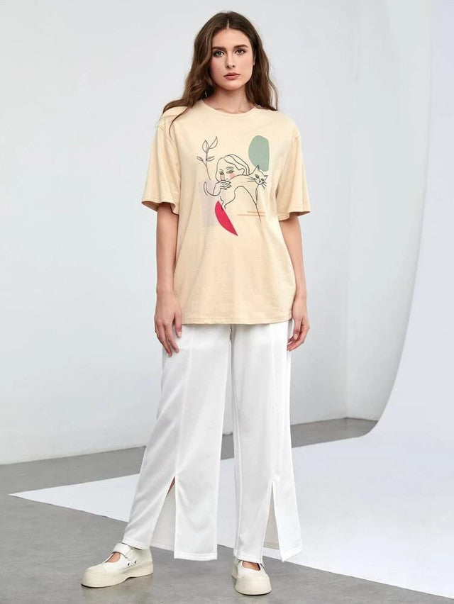 Fifth Avenue DIFT565 Boyfriend Oversized Fit Figure Printed Womens T-Shirt Cream