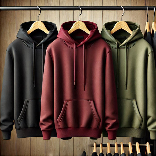 Fifth Avenue Pack of 3 Mens Plain Black Maroon Green Hoodies FAMKHP3