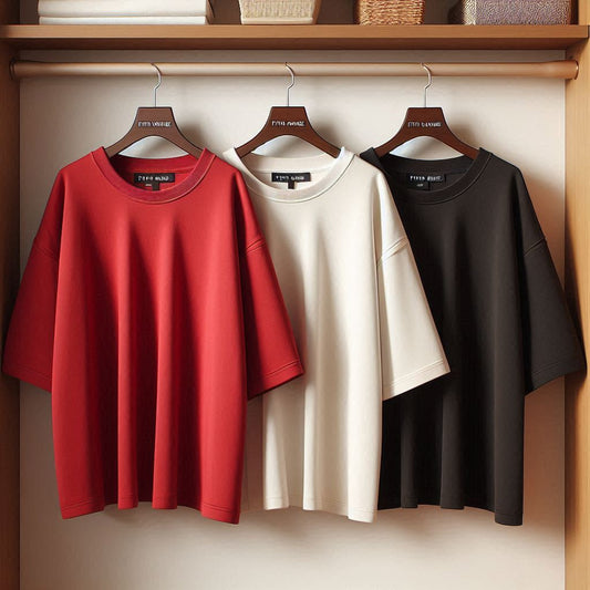 Fifth Avenue Pack of 3 Womens Plain Drop Shoulder Oversized Red White Black T-Shirts FAWNDSO8