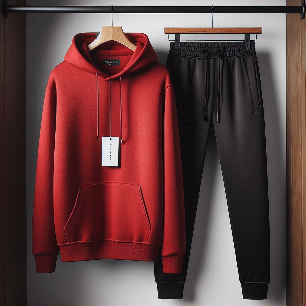 Mens Hoodie and Pants Plain Co Ord Set by Fifth Avenue FAMHOOPS1 - Red Black