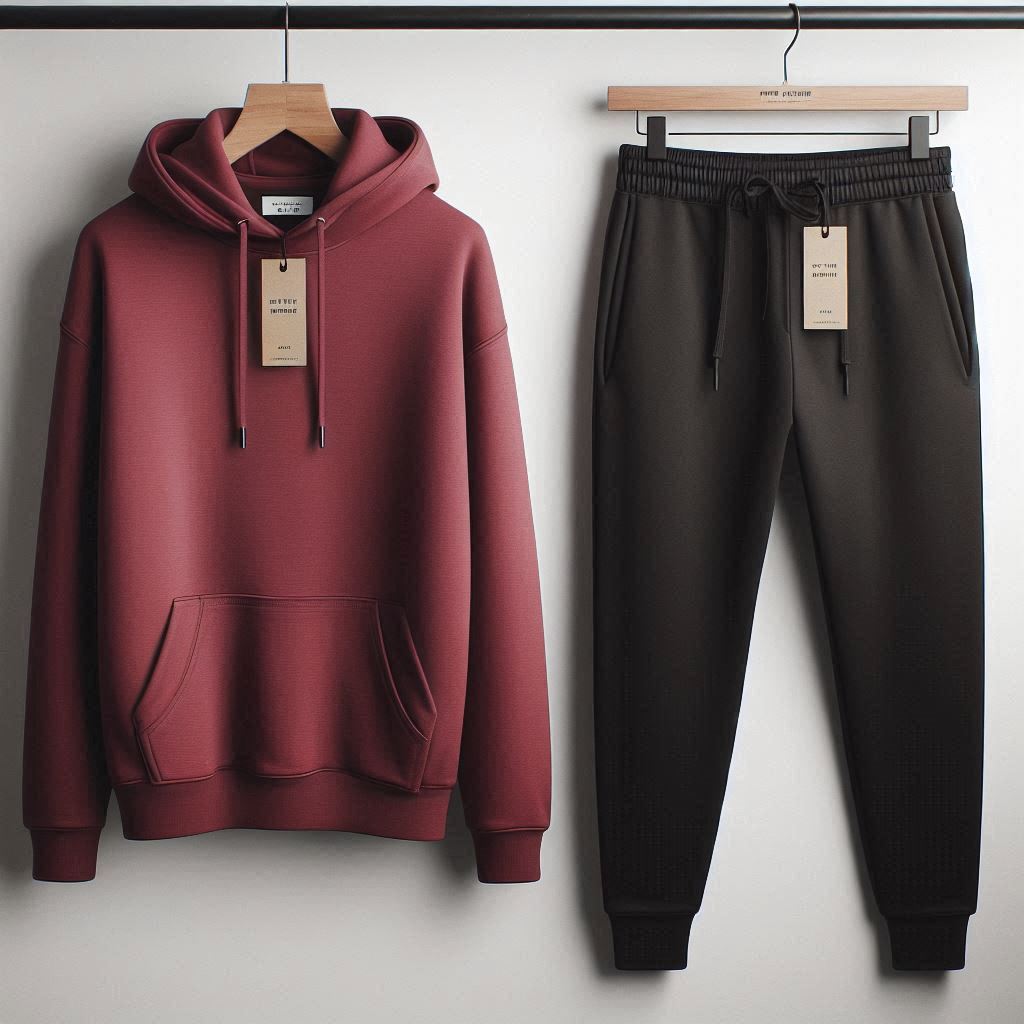 Mens Hoodie and Pants Plain Co Ord Set by Fifth Avenue FAMHOOPS1 - Maroon Black