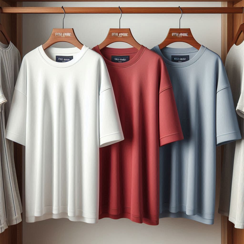 Fifth Avenue Pack of 3 Mens Plain Drop Shoulder Oversized White Red Light Blue T-Shirts FAMTSB33