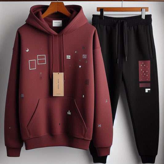 Mens Hoodie and Pants Printed Co Ord Set by Fifth Avenue FAMHOOPRPS9 - Maroon Black